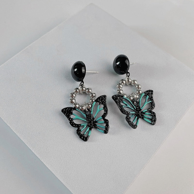 Black Butterfly Silver Pearl Earring