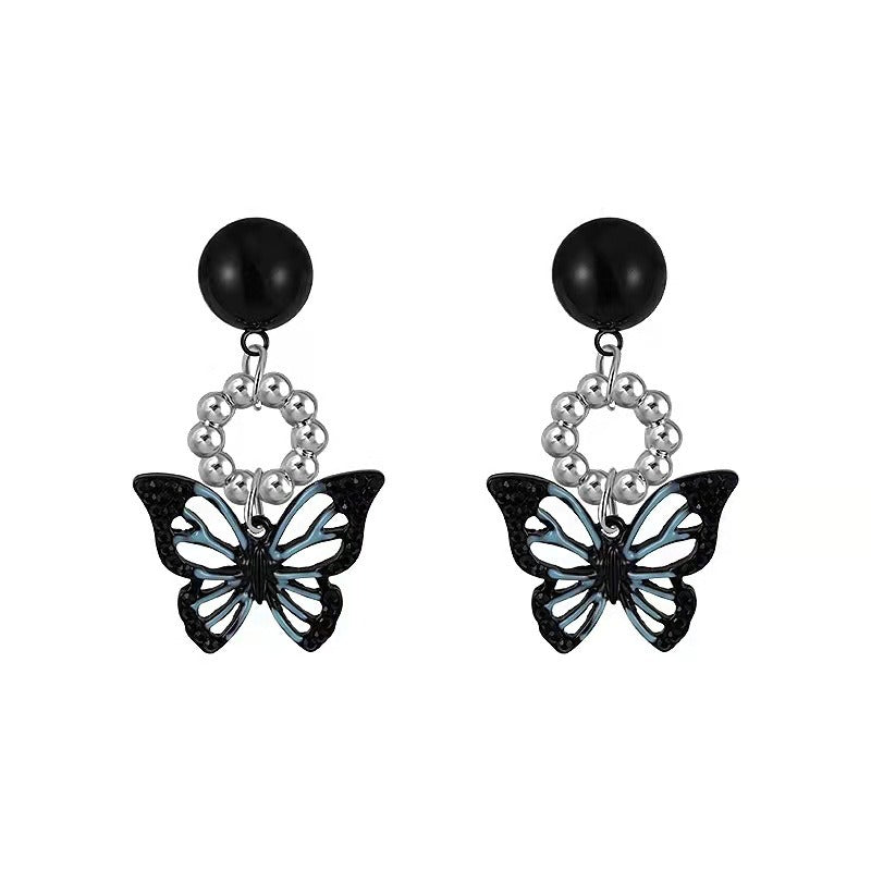 Black Butterfly Silver Pearl Earring
