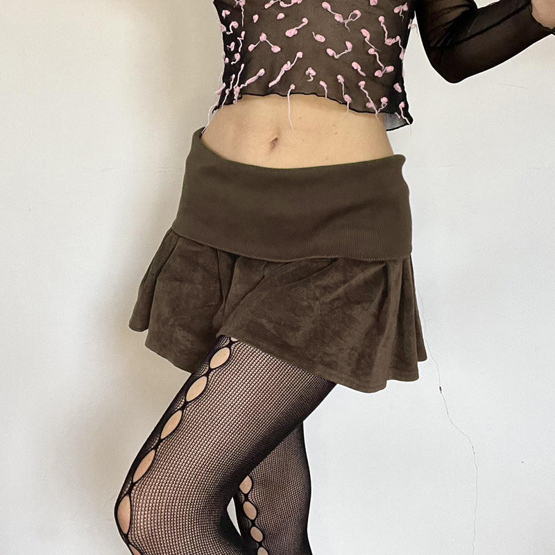 Chocolate Brown Ribbed Waist Pleated Skirt