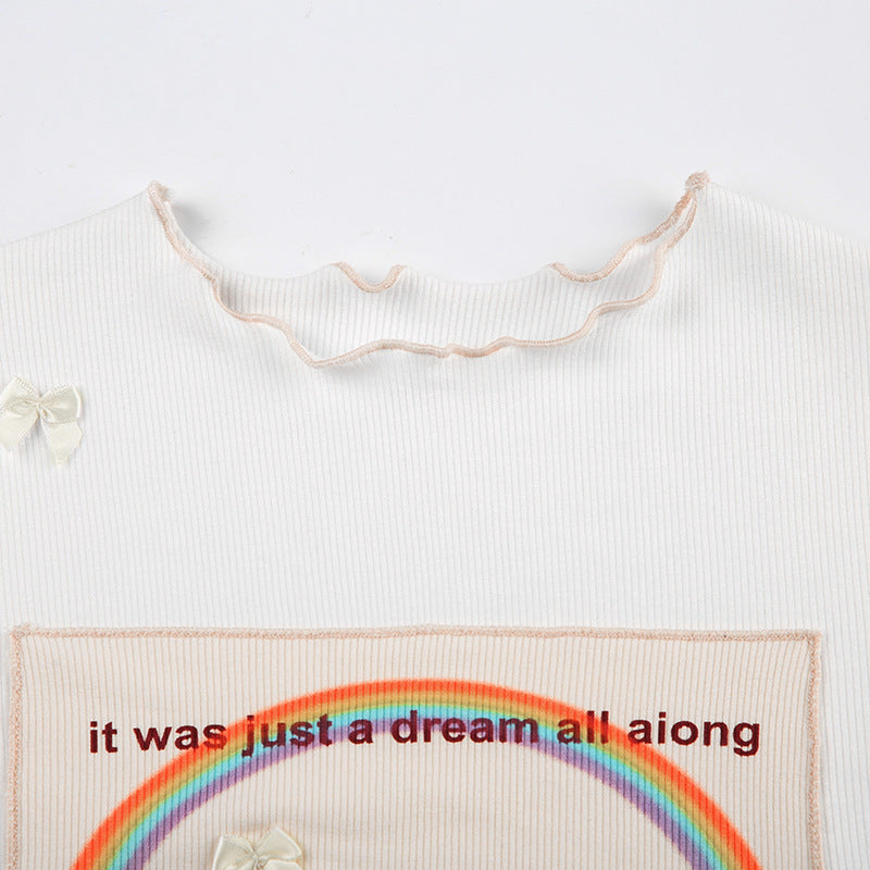 Dreamy Rainbow Embroidered Scalloped Crop Top