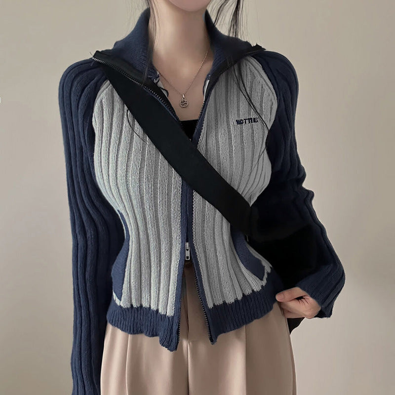 Two-Tone Ribbed Zip-Up Hooded Sweater