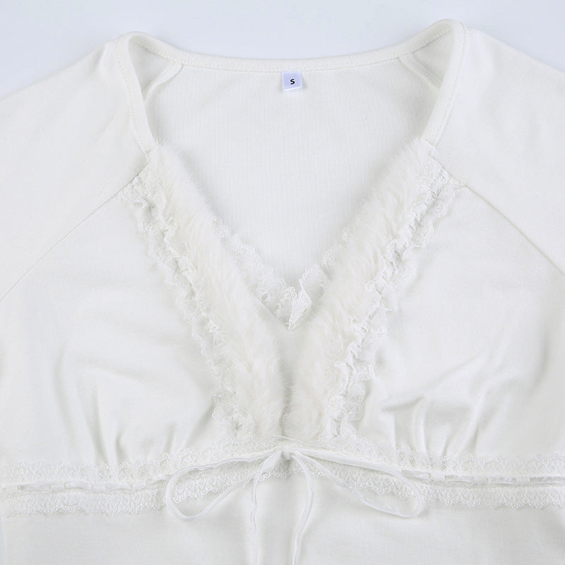 Vintage White Lace Trim Drawstring Blouse