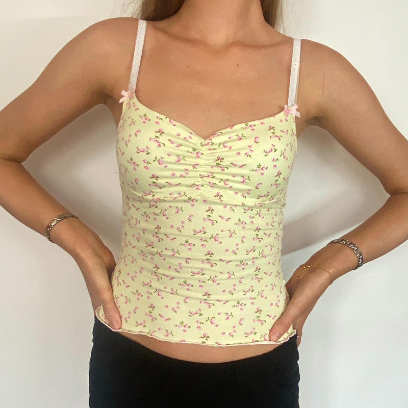 Pale Yellow Floral Ruched Cami Top
