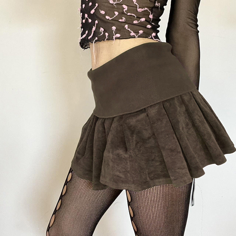 Chocolate Brown Ribbed Waist Pleated Skirt