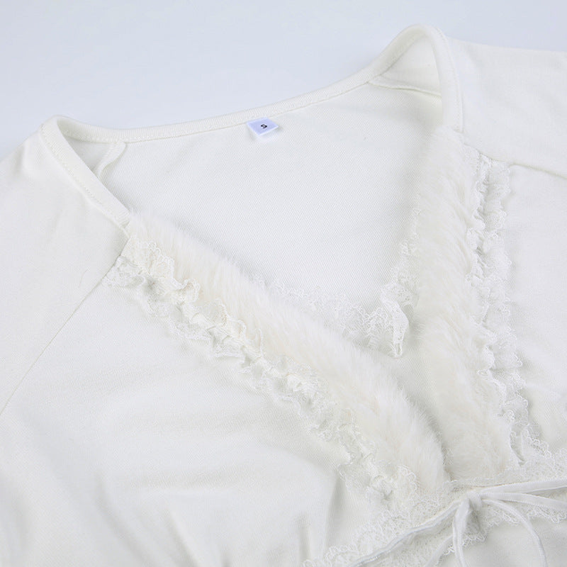 Vintage White Lace Trim Drawstring Blouse