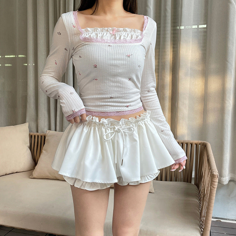 Ivory Ruffled Drawstring Waist Mini Skirt