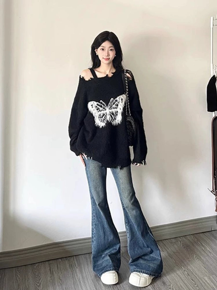 Ripped Butterfly Strap Shoulder Sweater