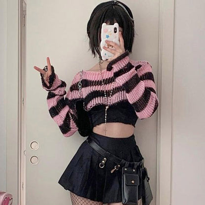 Black Pink Stripe Knitted Outer Top