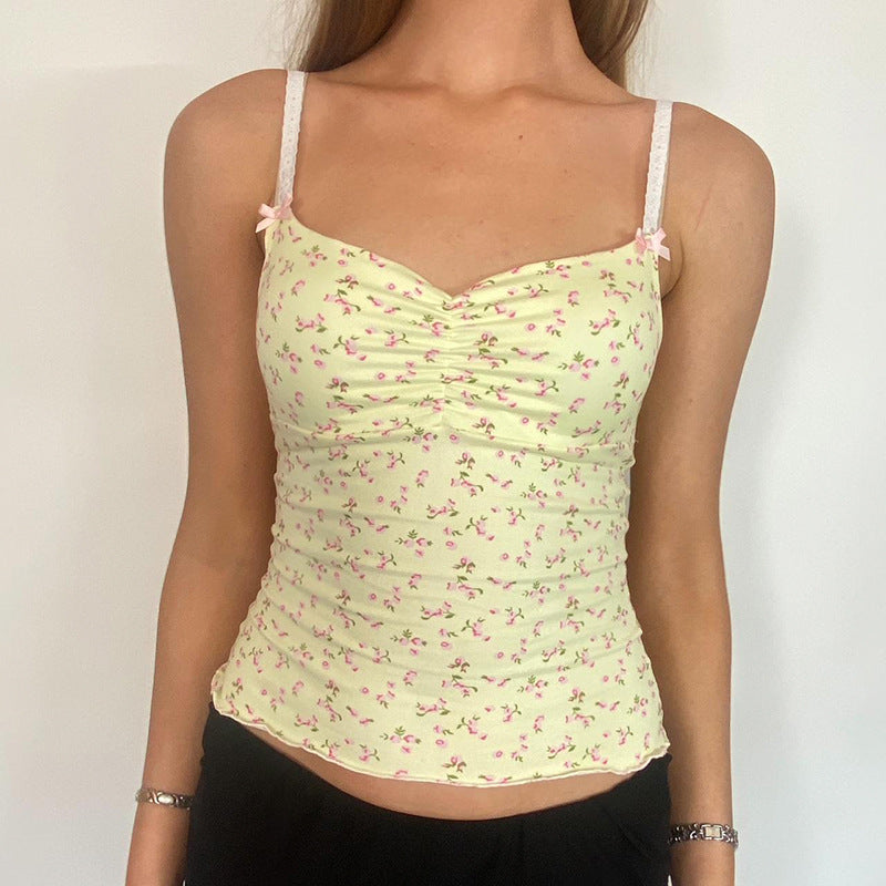 Pale Yellow Floral Ruched Cami Top