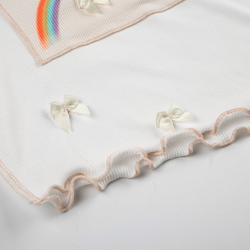 Dreamy Rainbow Embroidered Scalloped Crop Top