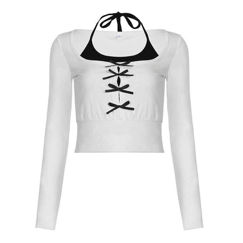 White Long-Sleeve Halter Lace-Up Crop Top
