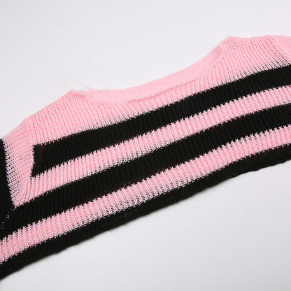 Black Pink Stripe Knitted Outer Top