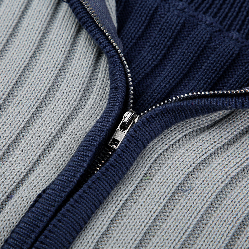 Two-Tone Ribbed Zip-Up Hooded Sweater