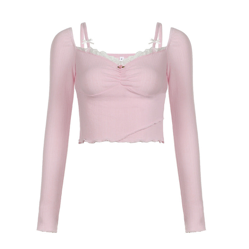 Pink Lace Trim Sweetheart Crop Top