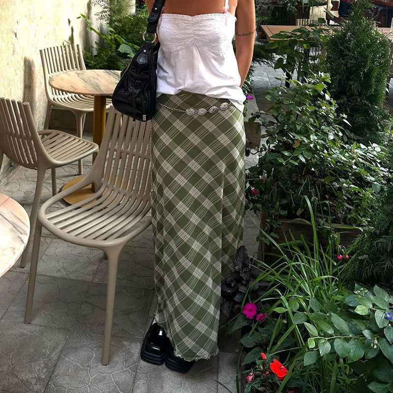 Olive Green Plaid Buttoned Maxi Skirt