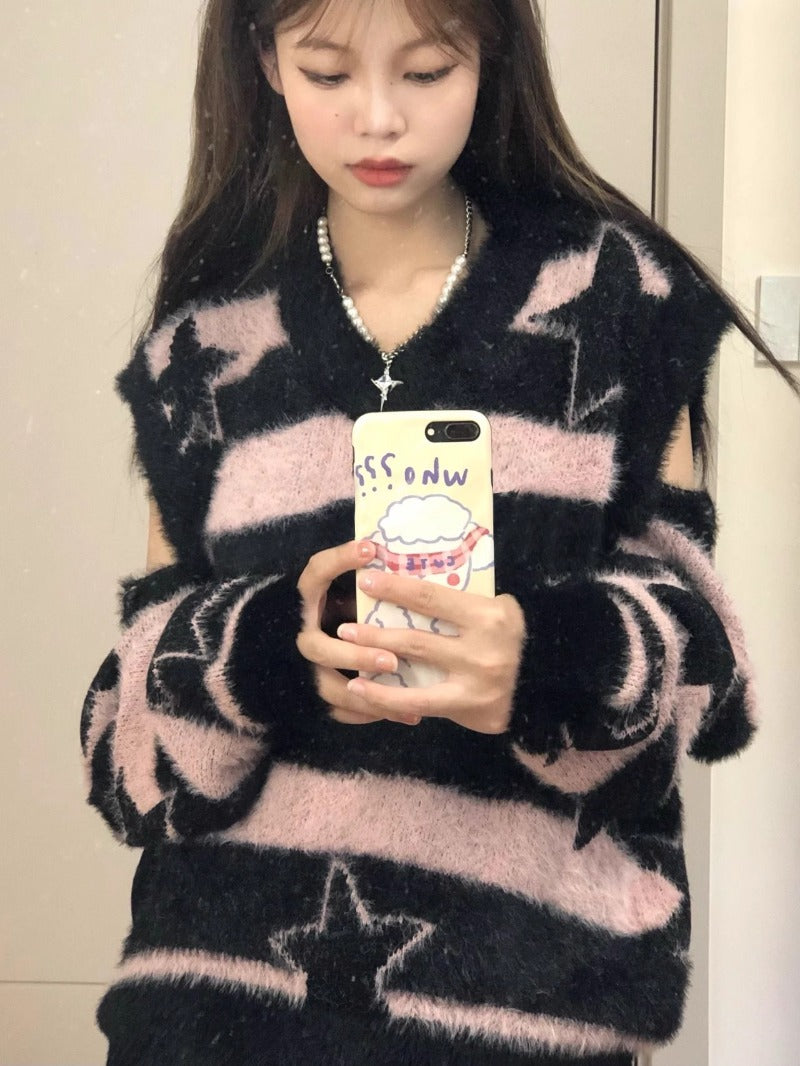 Black and Pink Star Fuzzy Sweater