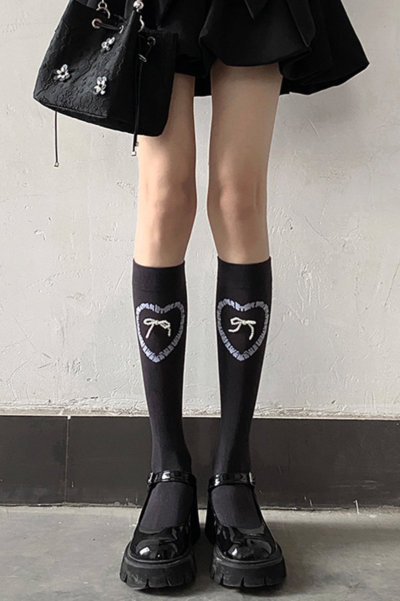 Lace Heart Ribbon Calf Socks