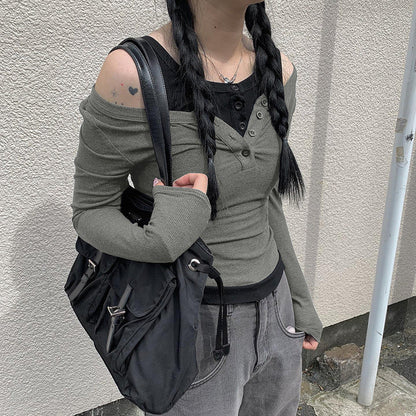 Gray Fake Two Piece Top LongSleeve