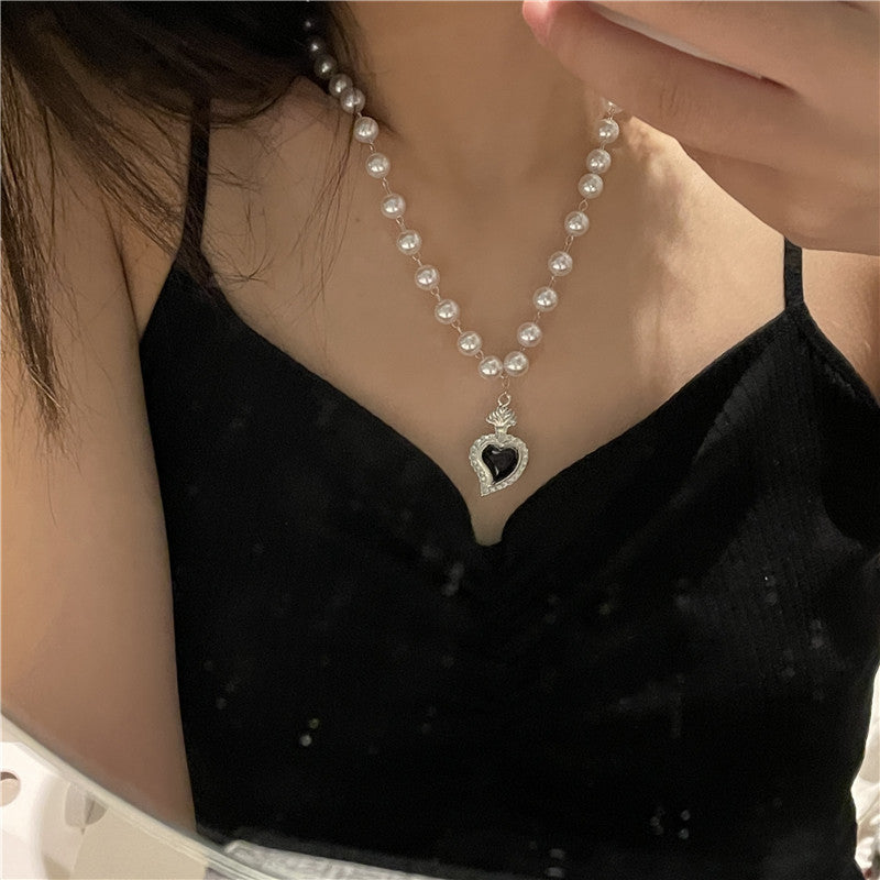 Silver Black Heart Charm Necklace