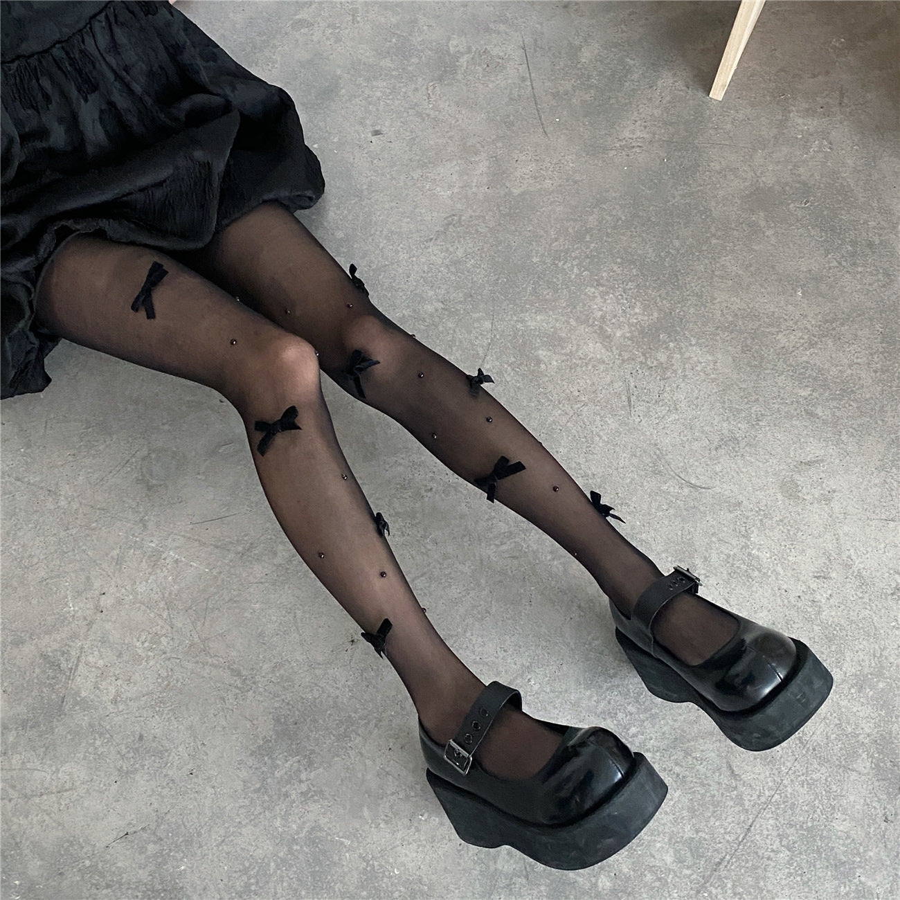 Y2K Black Bow Pearl Silk Stockings