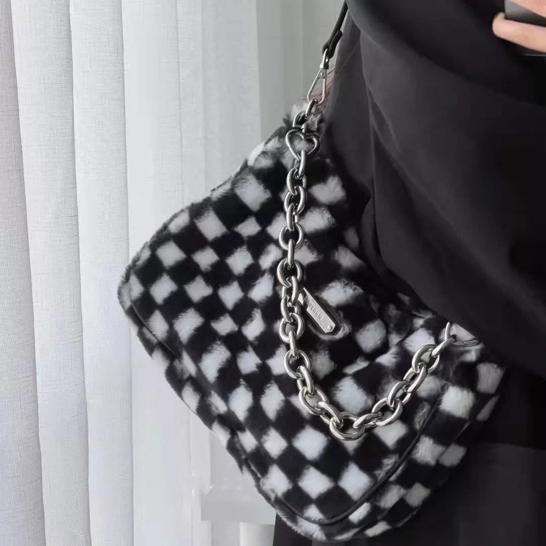 Fluffy Checkered Chain Bag